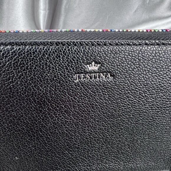 J. Estina Zip Aound Wallet Black Rainbow Accordion 12 Card Slots Pebbled Leather - Picture 5 of 17